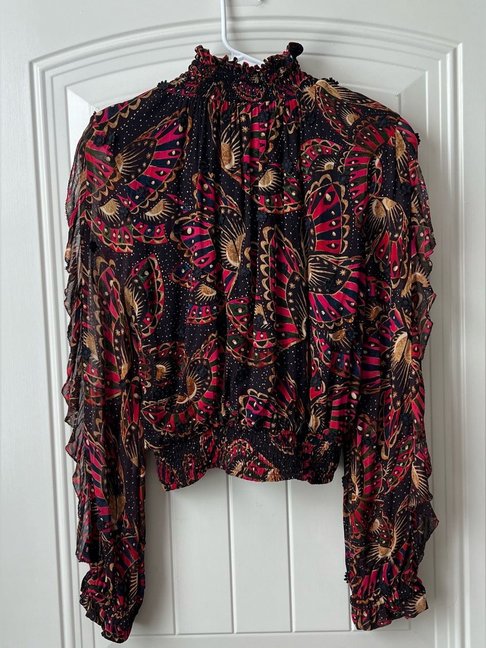 FARM Rio Black Pink Gold Printed Ruffle-Neck Blouse - Picture 3 of 15